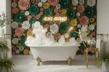 bath scene with a pink, green white and yellow floral 3d wall a roll top bath and a fairy waving a magic wand at a fun atmospheric bubblebath
