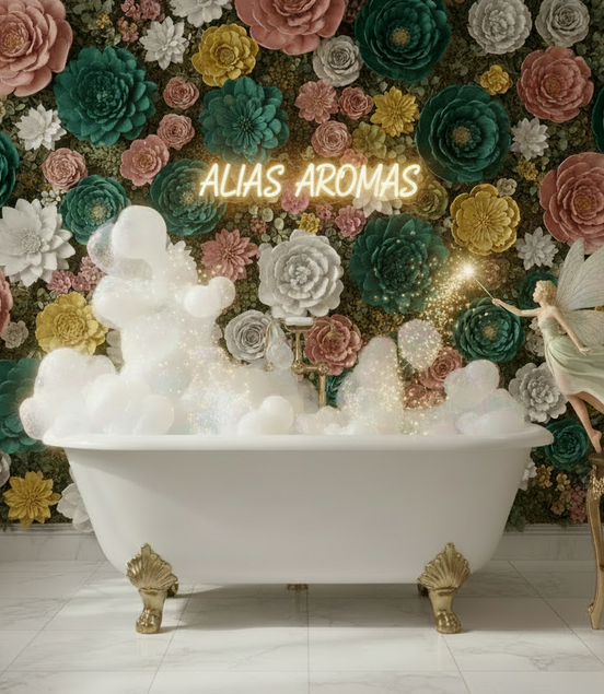 bath scene with a pink, green white and yellow floral 3d wall a roll top bath and a fairy waving a magic wand at a fun atmospheric bubblebath