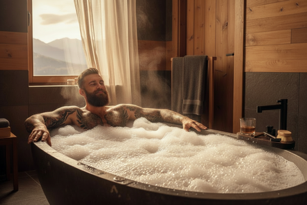 Create a fun image of a tuned tattooed man with a beard, in the bath packed with lots of white sphere bathbombs make it masculine warm, pursasive and inviting 