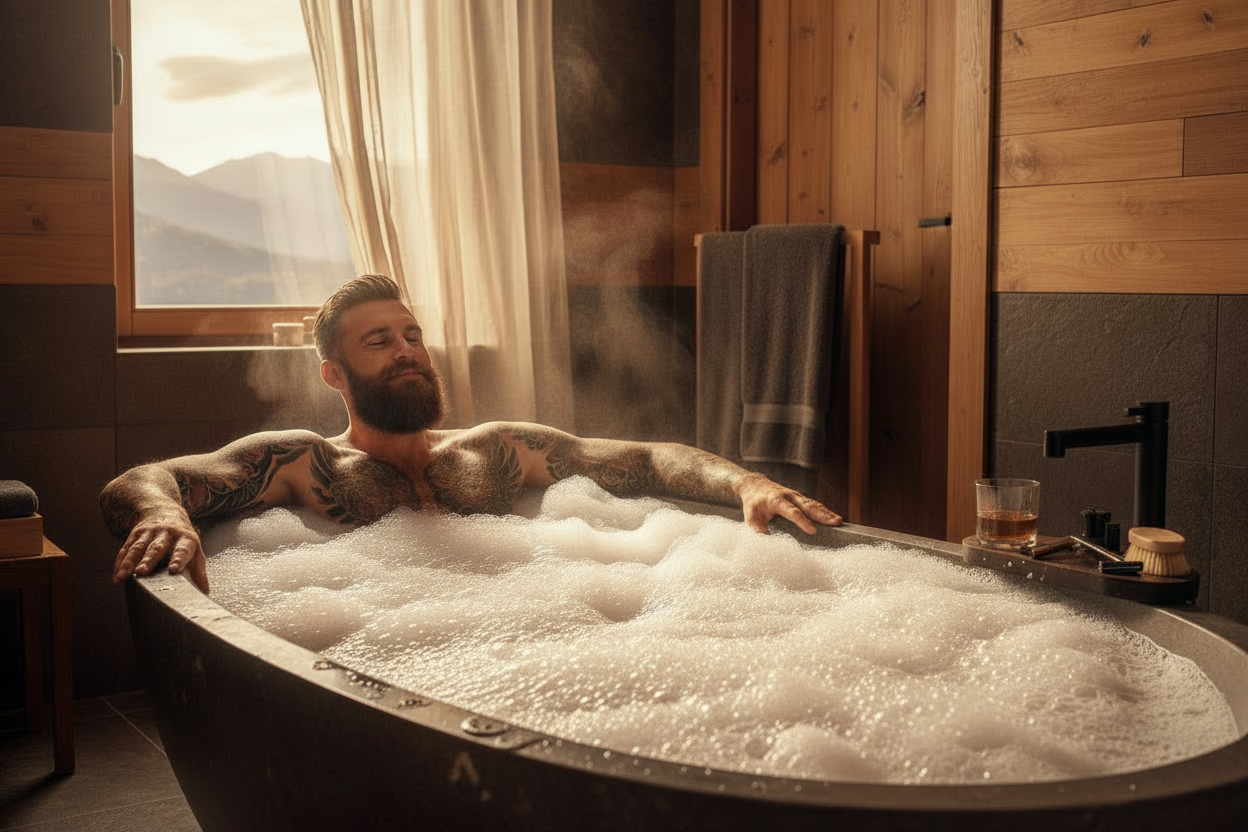 Create a fun image of a tuned tattooed man with a beard, in the bath packed with lots of white sphere bathbombs make it masculine warm, pursasive and inviting 