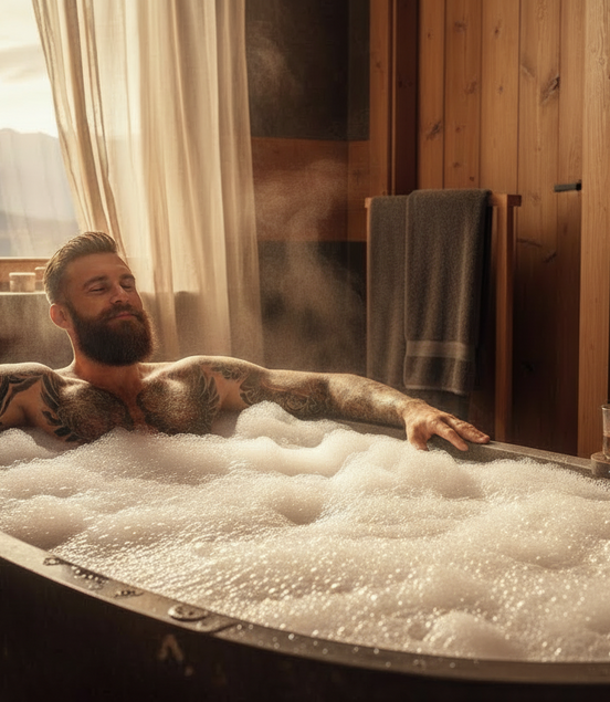 Create a fun image of a tuned tattooed man with a beard, in the bath packed with lots of white sphere bathbombs make it masculine warm, pursasive and inviting 