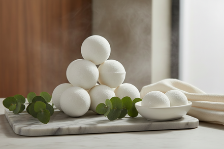 Create a promotional image with white luxury bathbombs by ALIAS AROMAS that are inspired by designer fragrance 