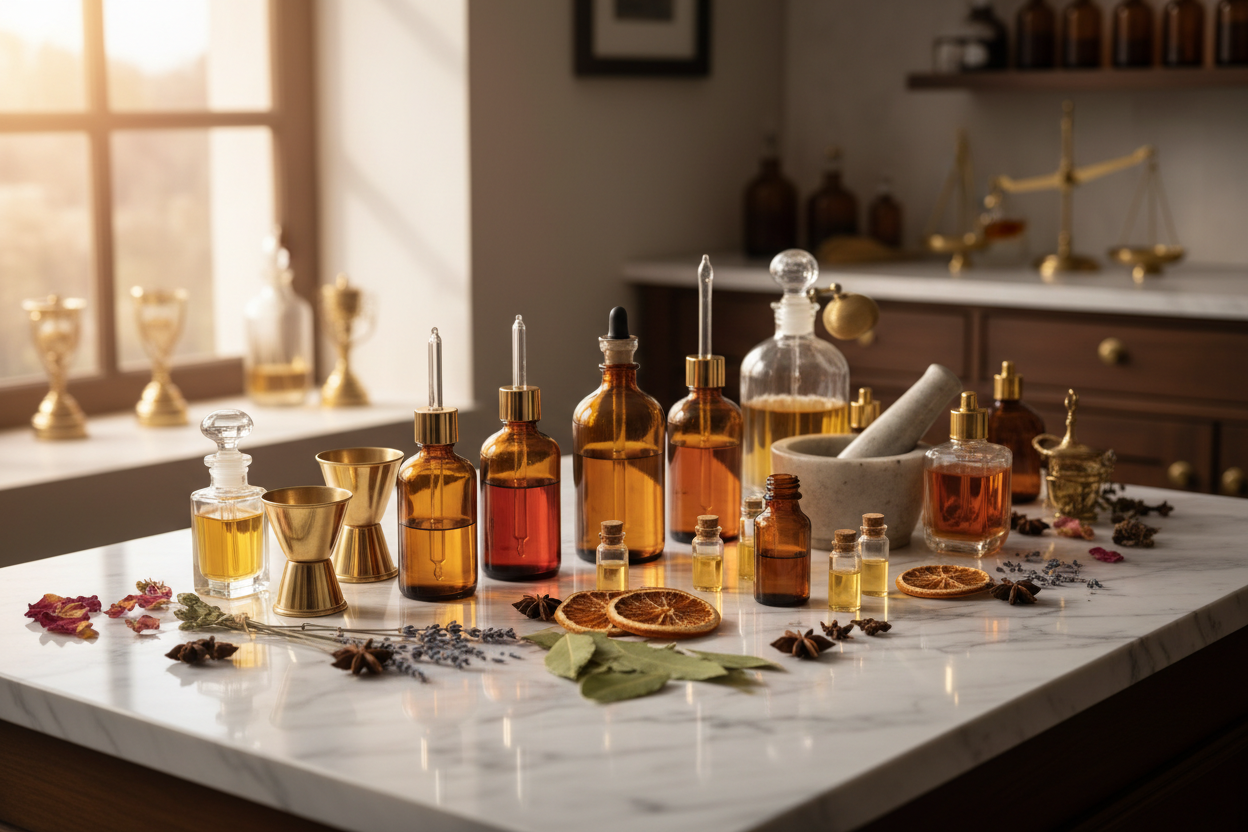 generate a professional image of perfume making and essential oils